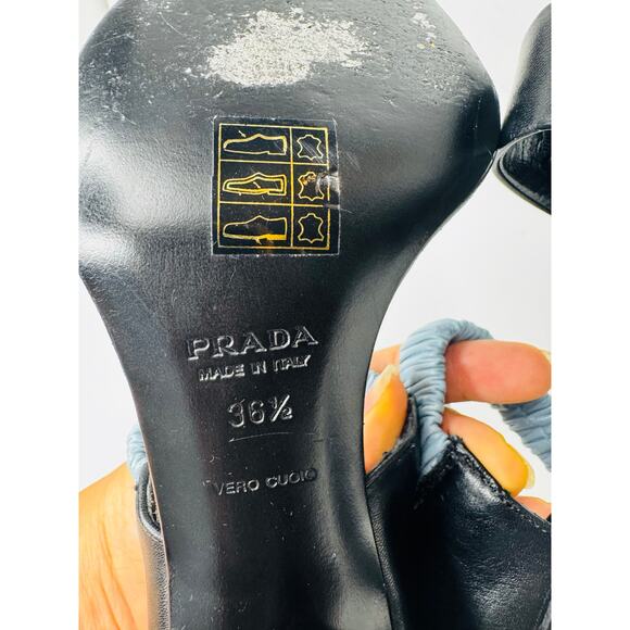 Vintage Prada Black Leather Heels with Blue Ruched Elastic Strap Size 36.5 - Picture 4 of 10